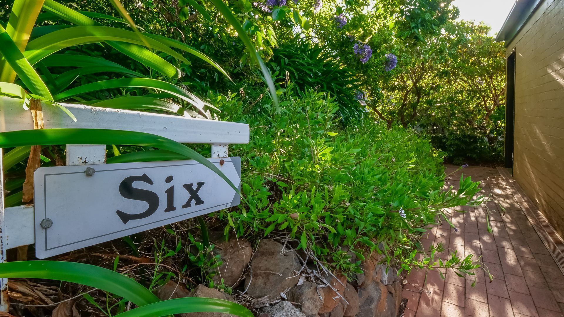 A white street sign with the word "Six" in a garden setting.