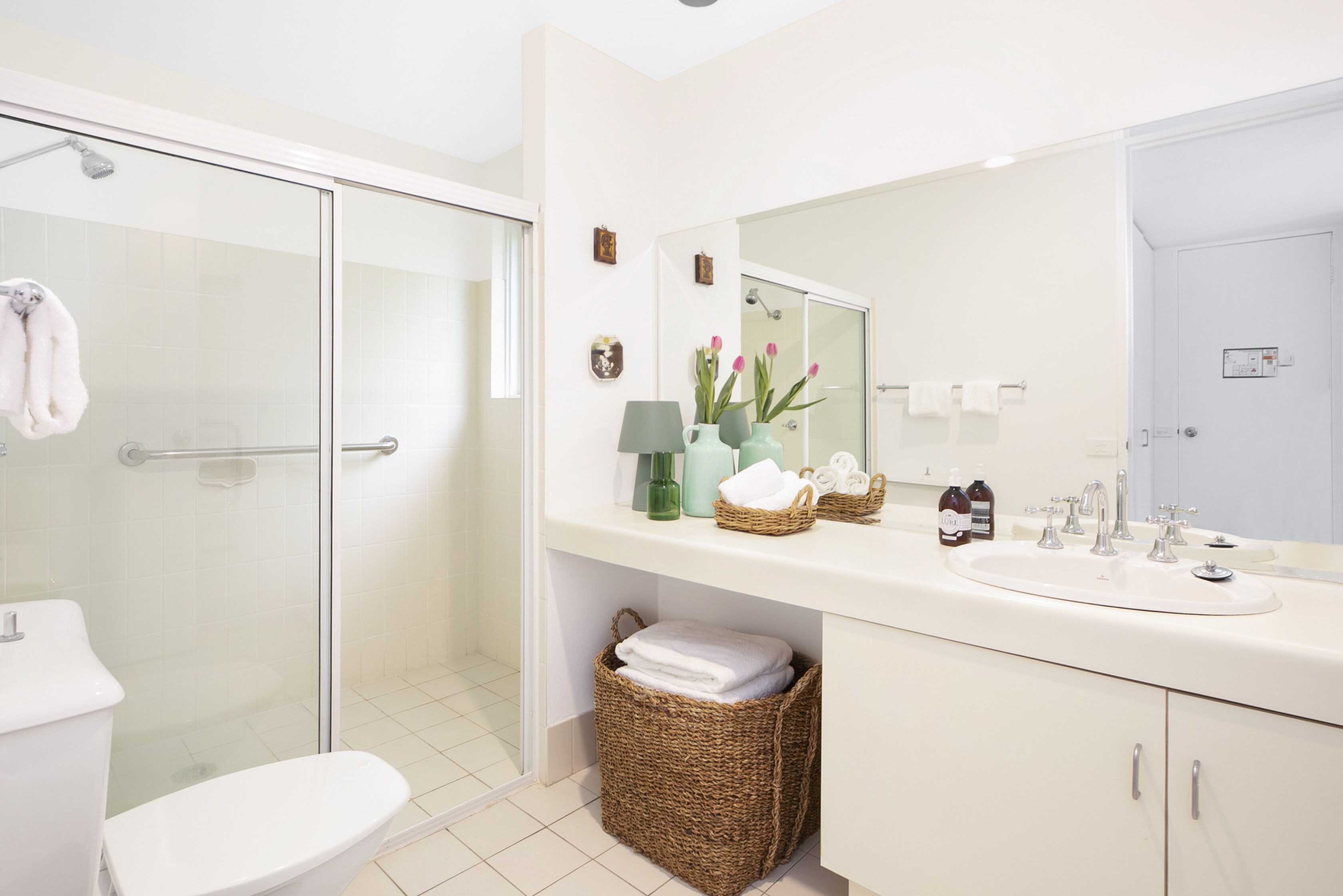Combined shower/tub, hair dryer, towels, soap