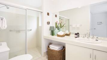 Combined shower/tub, hair dryer, towels, soap