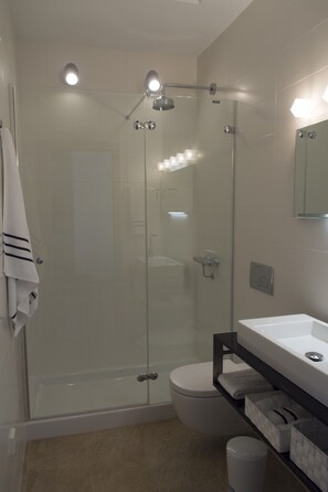 Shower, hair dryer, towels, toilet paper
