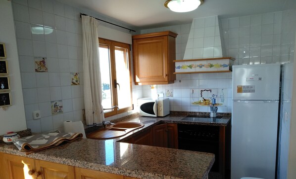 Frigorífico, microondas, horno y placa de cocina
