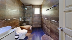 Hair dryer, towels, soap, shampoo