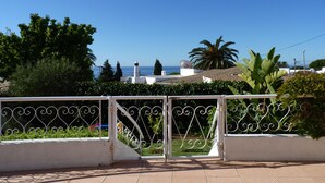 Une terrasse clôturée offrant une vue sur la mer et les palmiers.