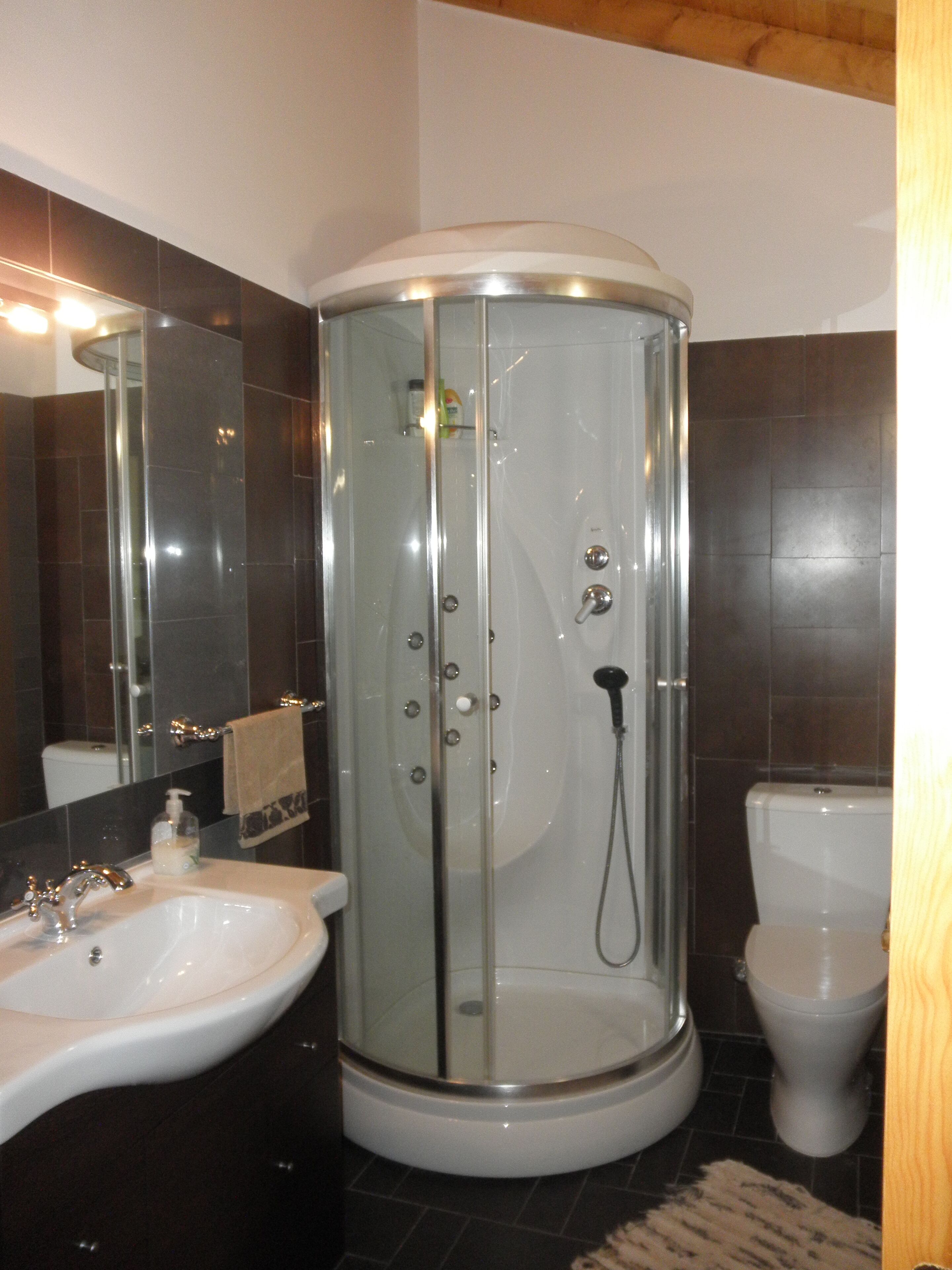 Combined shower/tub, hair dryer, bidet, towels