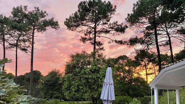 Eine Terrasse mit Sitzgelegenheiten im Freien, einem überdachten Bereich und Blick auf Bäume und einen Sonnenuntergang.
