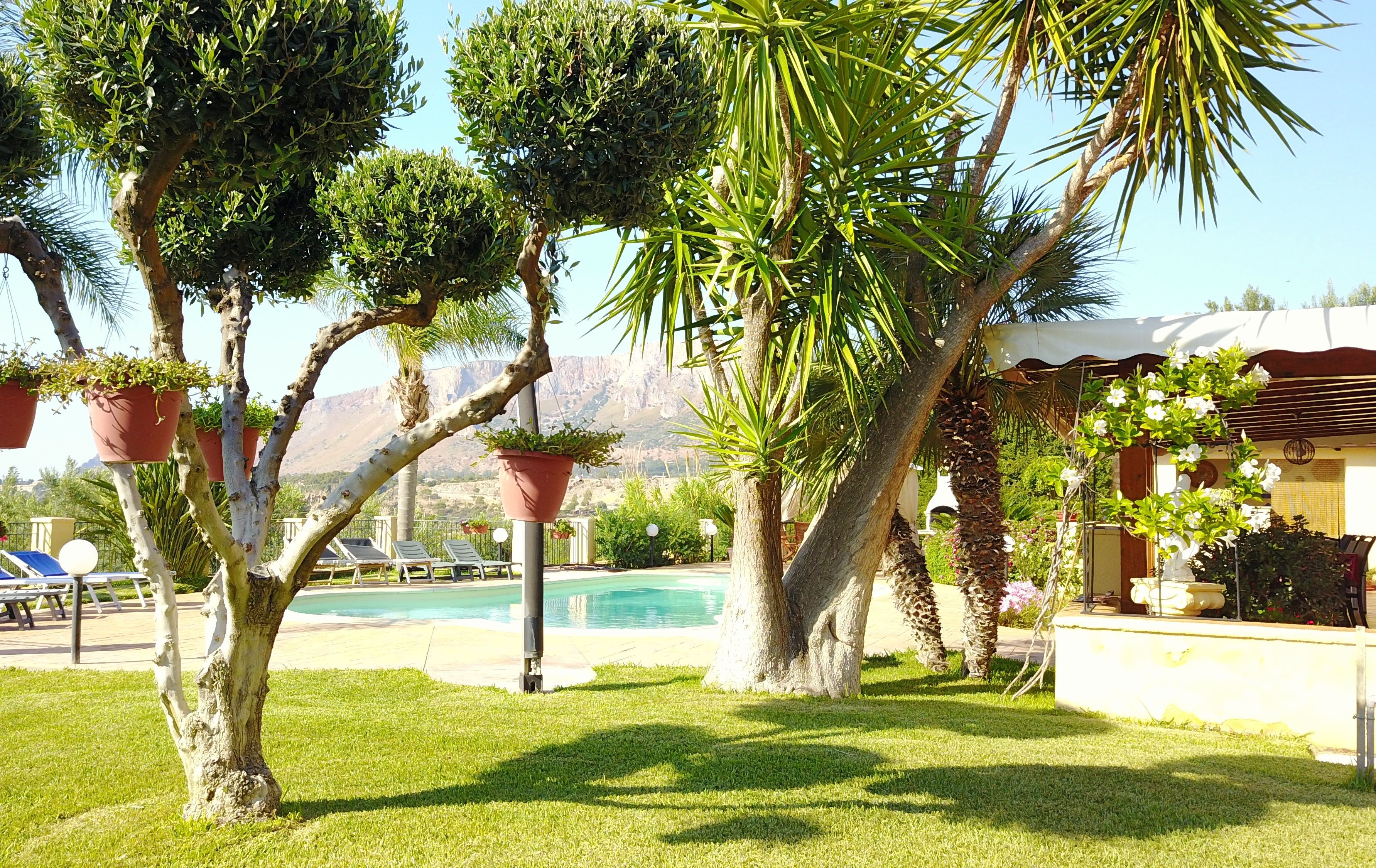 A landscaped garden with a pool, potted plants, and a view of mountains.