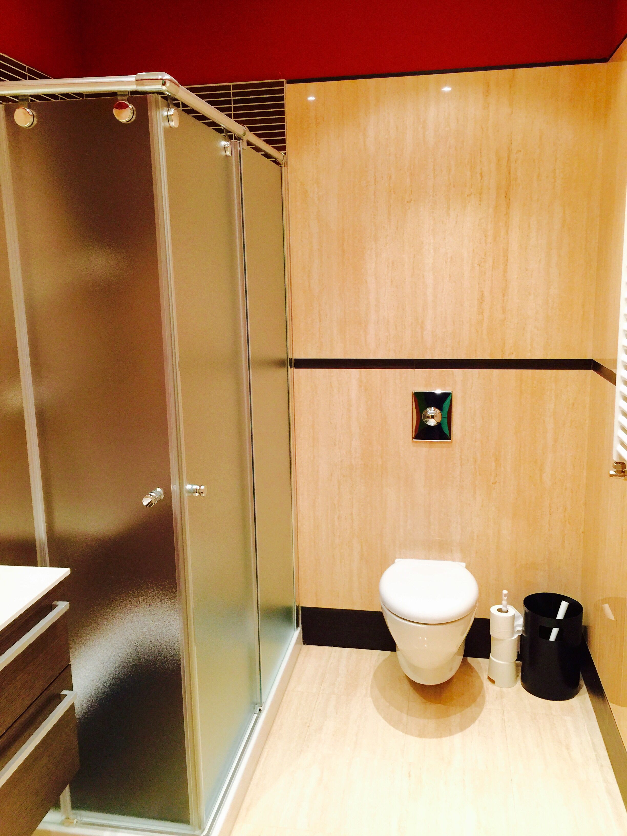 A modern bathroom with a glass shower enclosure, a toilet, and a sink.