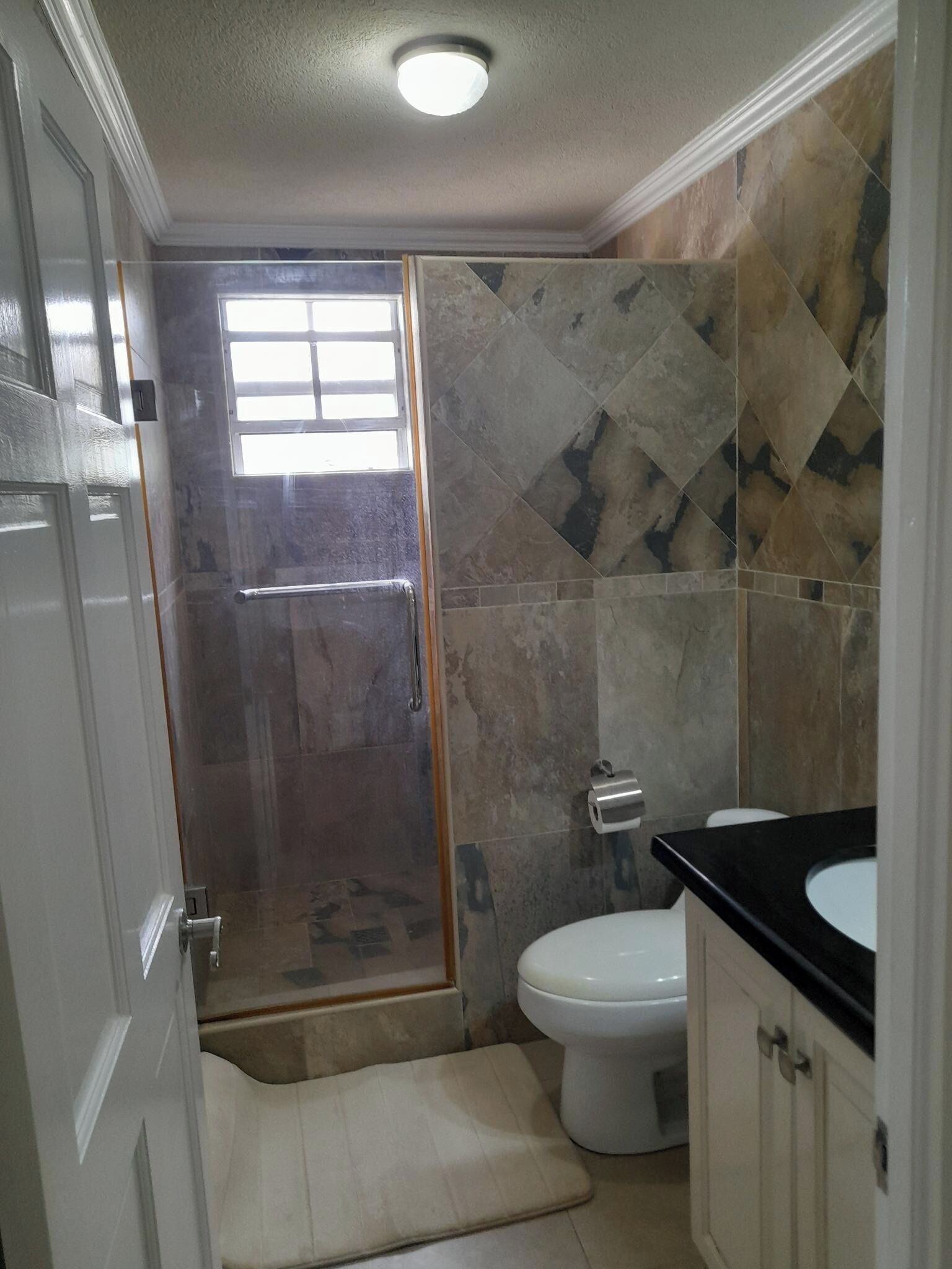 Une salle de bain avec douche, toilettes et lavabo.