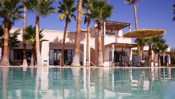 Un espace piscine agrémenté de palmiers, un bâtiment doté d’un patio couvert et un ciel d’un bleu limpide.