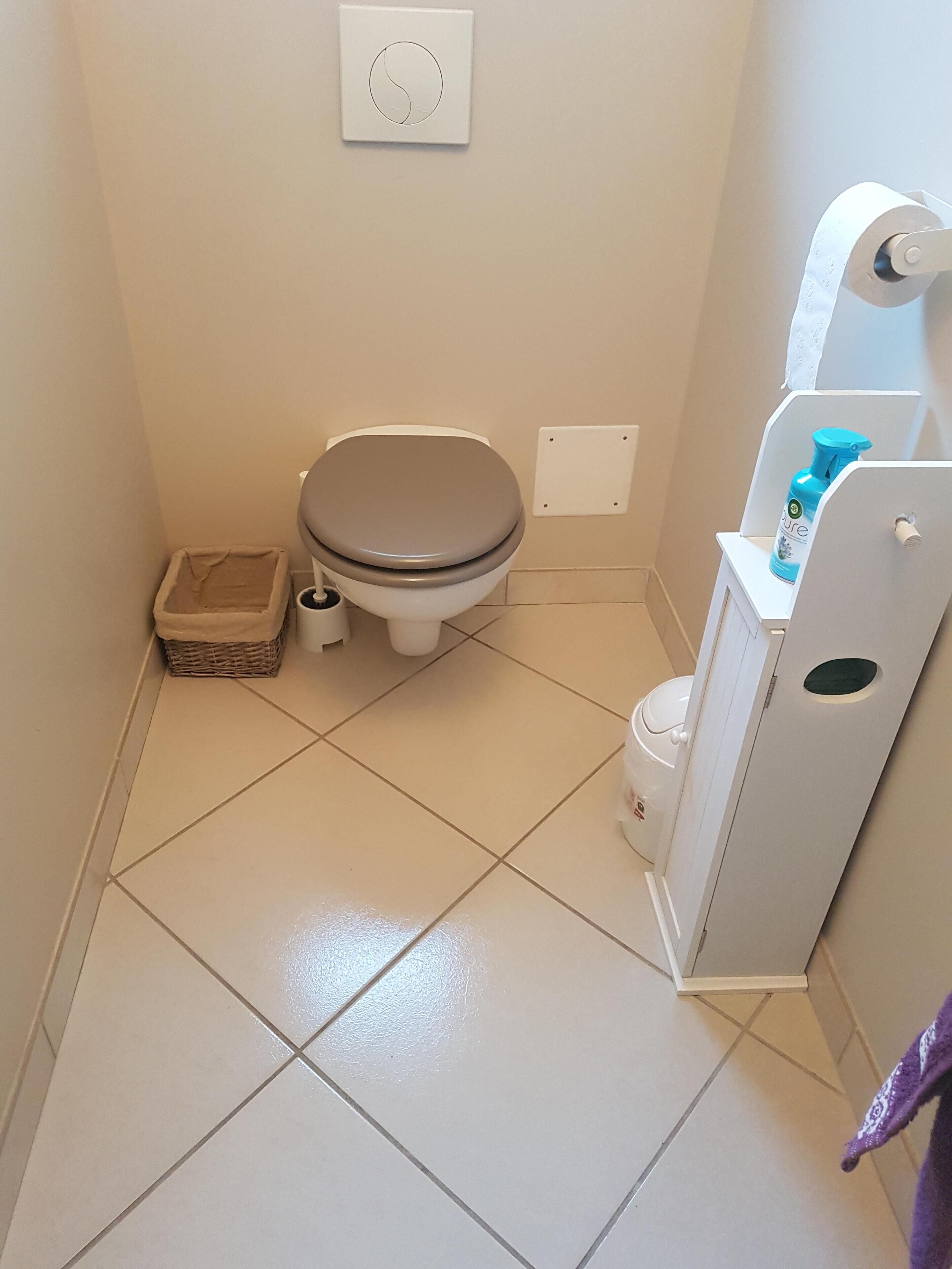 Ein kleines, sauberes Badezimmer mit Toilette, Mülleimer und Toilettenpapierhalter.