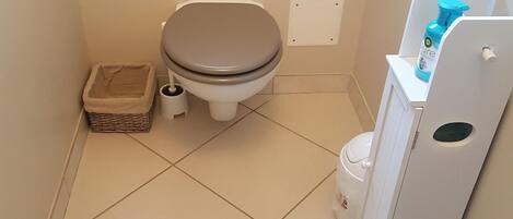 Ein kleines, sauberes Badezimmer mit Toilette, Mülleimer und Toilettenpapierhalter.