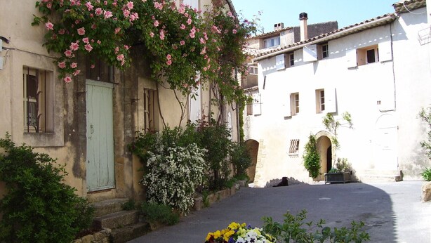Eine schmale Straße mit Häusern an beiden Seiten, im Vordergrund ein kleiner Garten mit Blumen.