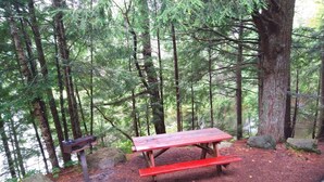 A red picnic table in a forested area with a bench, surrounded by trees and rocks. - Rustic two-story log cottage, River-view, Pet-friendly, Downeast Maine (Edmunds Township)