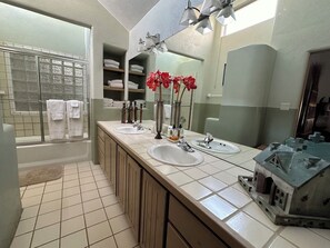 Combined shower/bathtub, hair dryer, towels, toilet paper