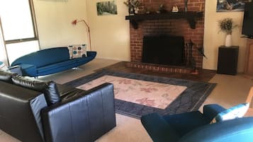 Smart TV, fireplace, books, video library