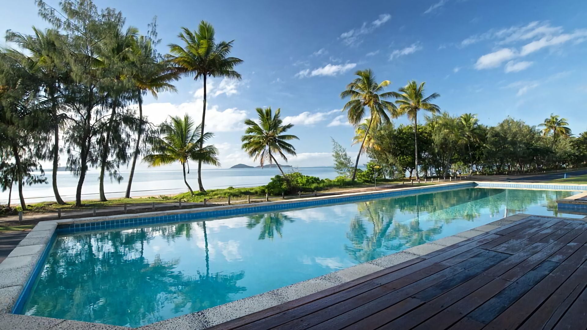 A swimming pool with a wooden deck, surrounded by palm trees and a view of the ocean.