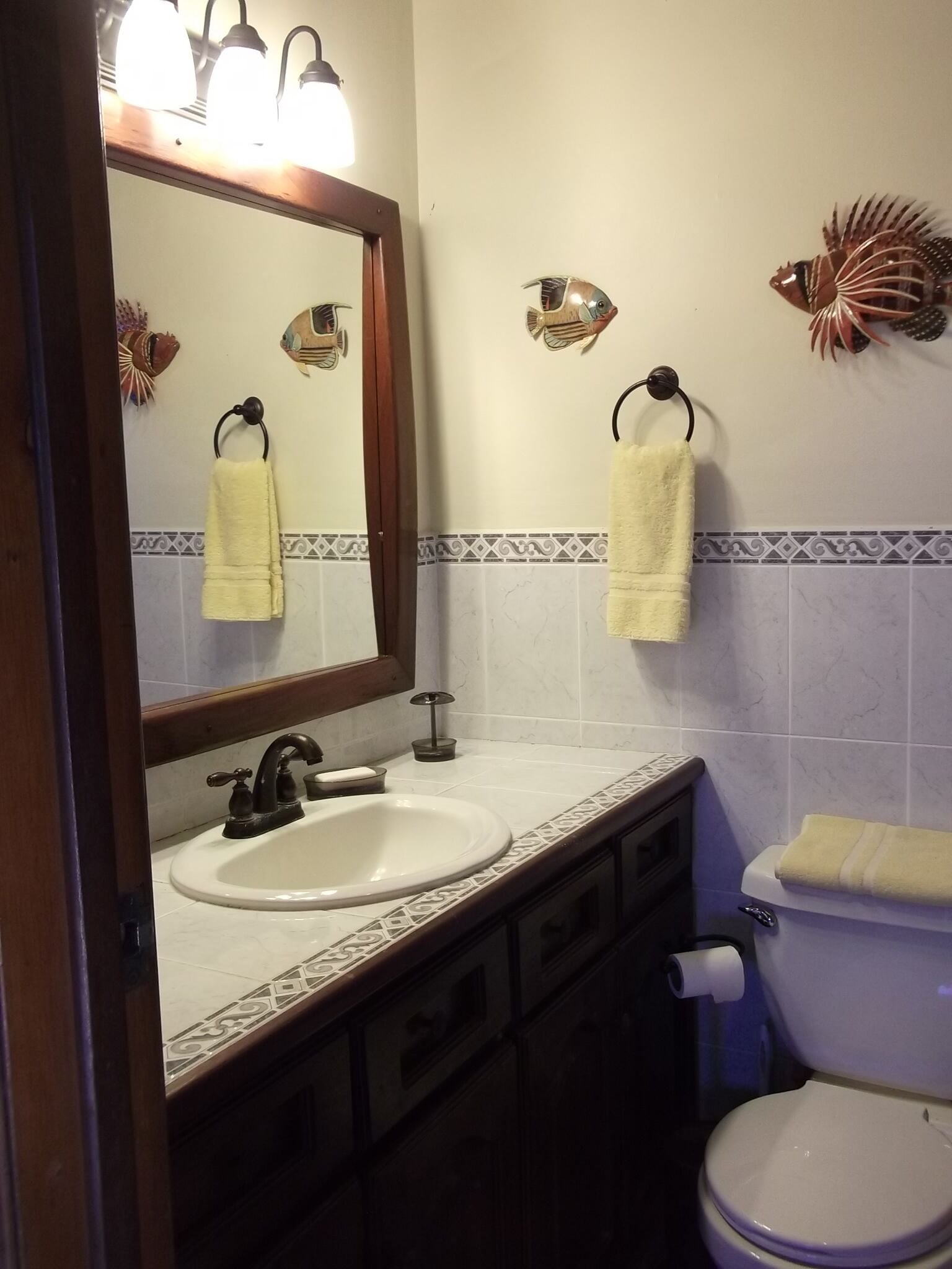 Un baño con lavamanos, inodoro y espejo. Hay peces decorativos en la pared y una toalla colgando del lavamanos.