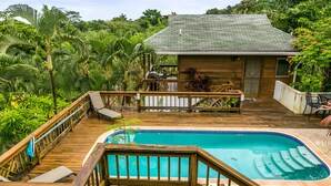 A wooden deck with a swimming pool, surrounded by lush greenery.