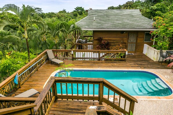A wooden deck with a swimming pool, surrounded by lush greenery.