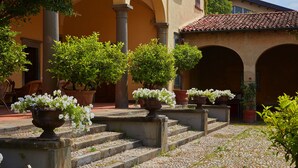 A courtyard with steps leading to an entrance, surrounded by potted plants and a building with arches.