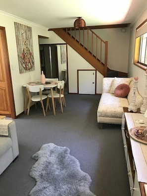 Smart TV, fireplace, DVD player, books