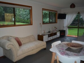 Smart TV, fireplace, DVD player, books