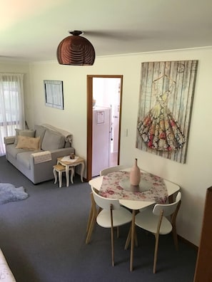 Smart TV, fireplace, DVD player, books