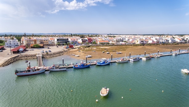 A coastal town with a marina filled with boats, a sandy beach, and residential buildings in the background.