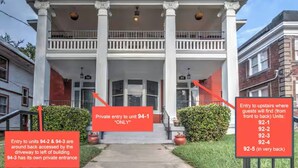A building with a central entrance, columns, and a covered porch. There are signs indicating private entry to specific units and directions to other units. - Historic Midtown Getaway | Close to Beale (Memphis)