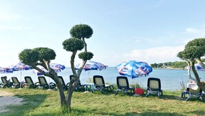 A beachside seating area with rows of chairs and umbrellas, a clear view of the sea, and neatly trimmed trees. - Apartment Umag-Savudrija, air conditioning, washing machine, WiFi, garden terrace (Savudrija)