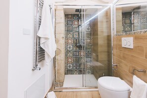 Shower, hair dryer, bidet, towels