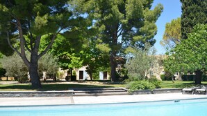 A swimming pool with a stone border, surrounded by trees and a building in the background.