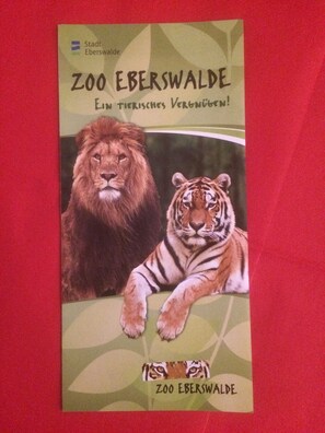 Portada de libro con un león y un tigre, titulada 'ZOO Eberswalde'.