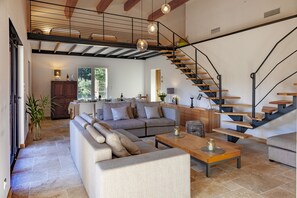 Televisión, chimenea, mesa de ping pong, libros