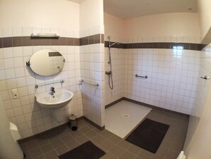 A bathroom with a sink, mirror, and shower. - Comfortable holiday home with pool (5 people) (Flacey-En-Bresse)