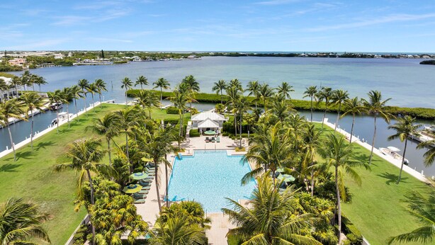 Un resort con piscina rodeada de palmeras y vista al agua.