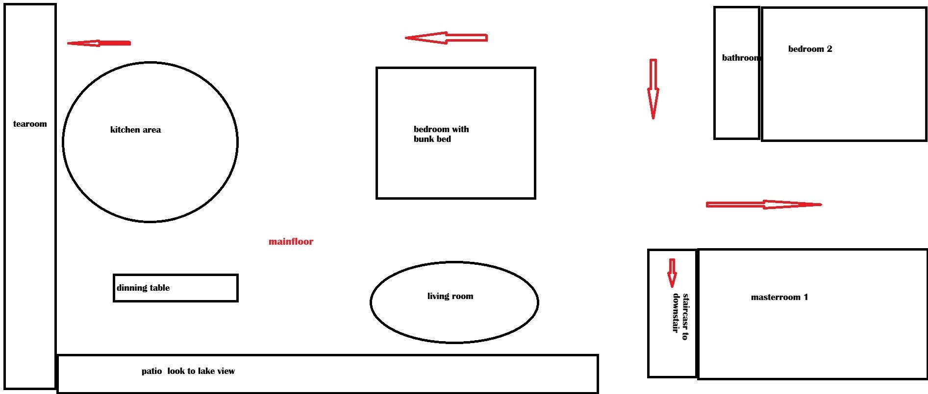 Pianta degli ambienti che mostra una zona cucina, tavolo da pranzo, soggiorno, camera con letto a castello, camera principale e patio con vista sul lago.