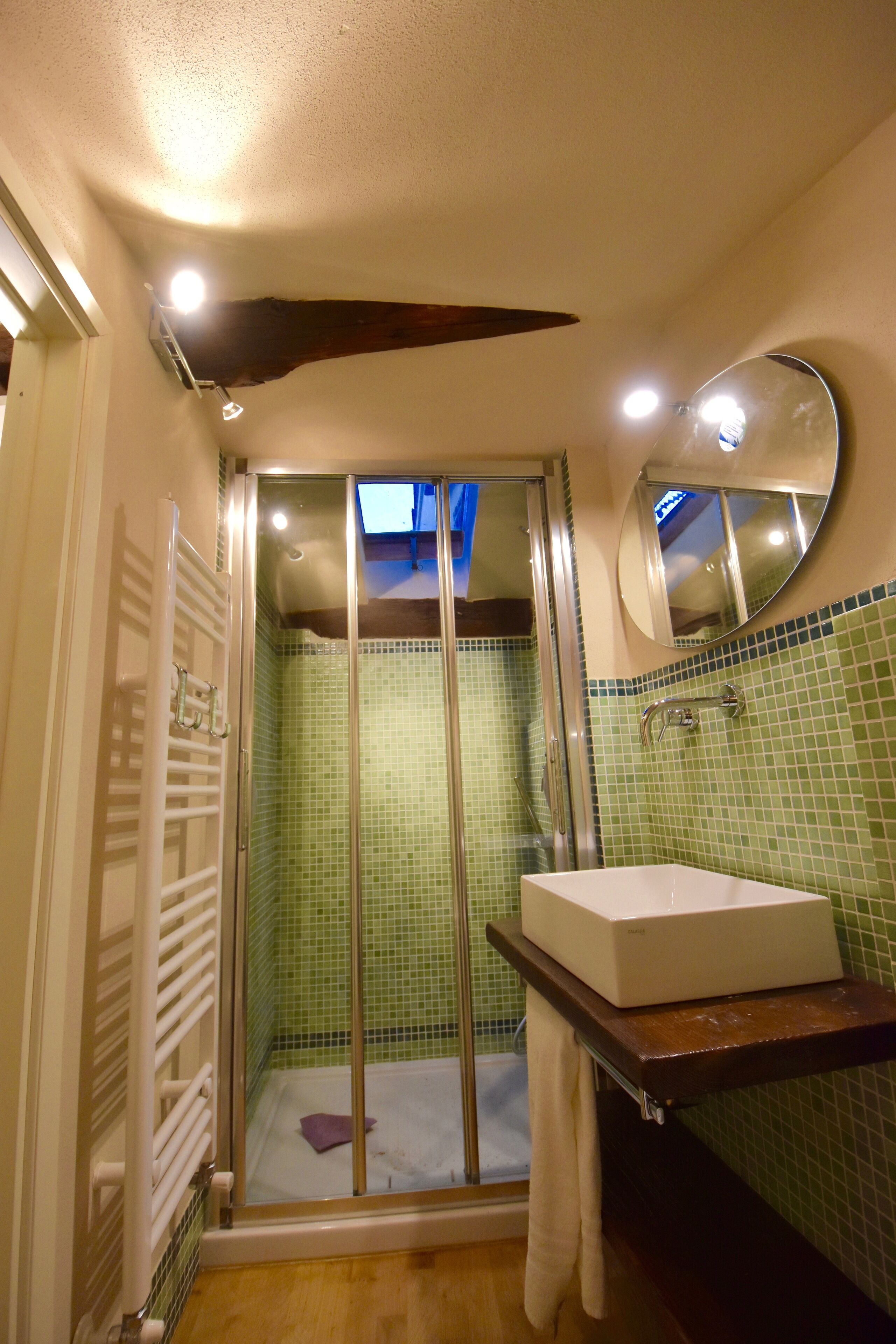A bathroom with a shower, a sink, a mirror, and a towel rack.