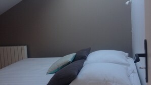 Ein Schlafzimmer mit schrägem Dach, einem Oberlicht, einem Bett mit weißen und dunklen Kissen sowie einer Wandlampe.