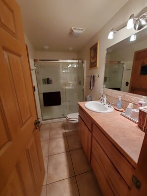 Shower, hair dryer, towels, soap