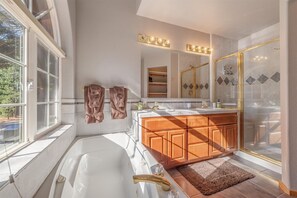 Combined shower/tub, hair dryer, towels, soap