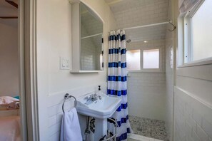 Shower, hair dryer, shampoo
