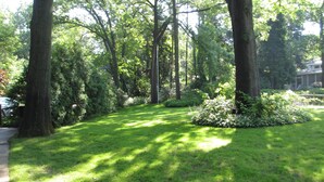 Um jardim bem cuidado, com árvores já adultas e gramado aparado.