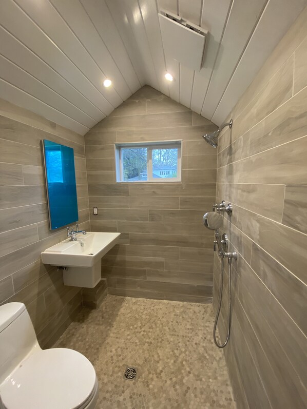 Une salle de bain avec douche, toilettes et lavabo.