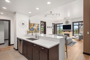 Une cuisine moderne dotée d’un grand îlot central, d’un lave-vaisselle intégré et d’une cheminée.