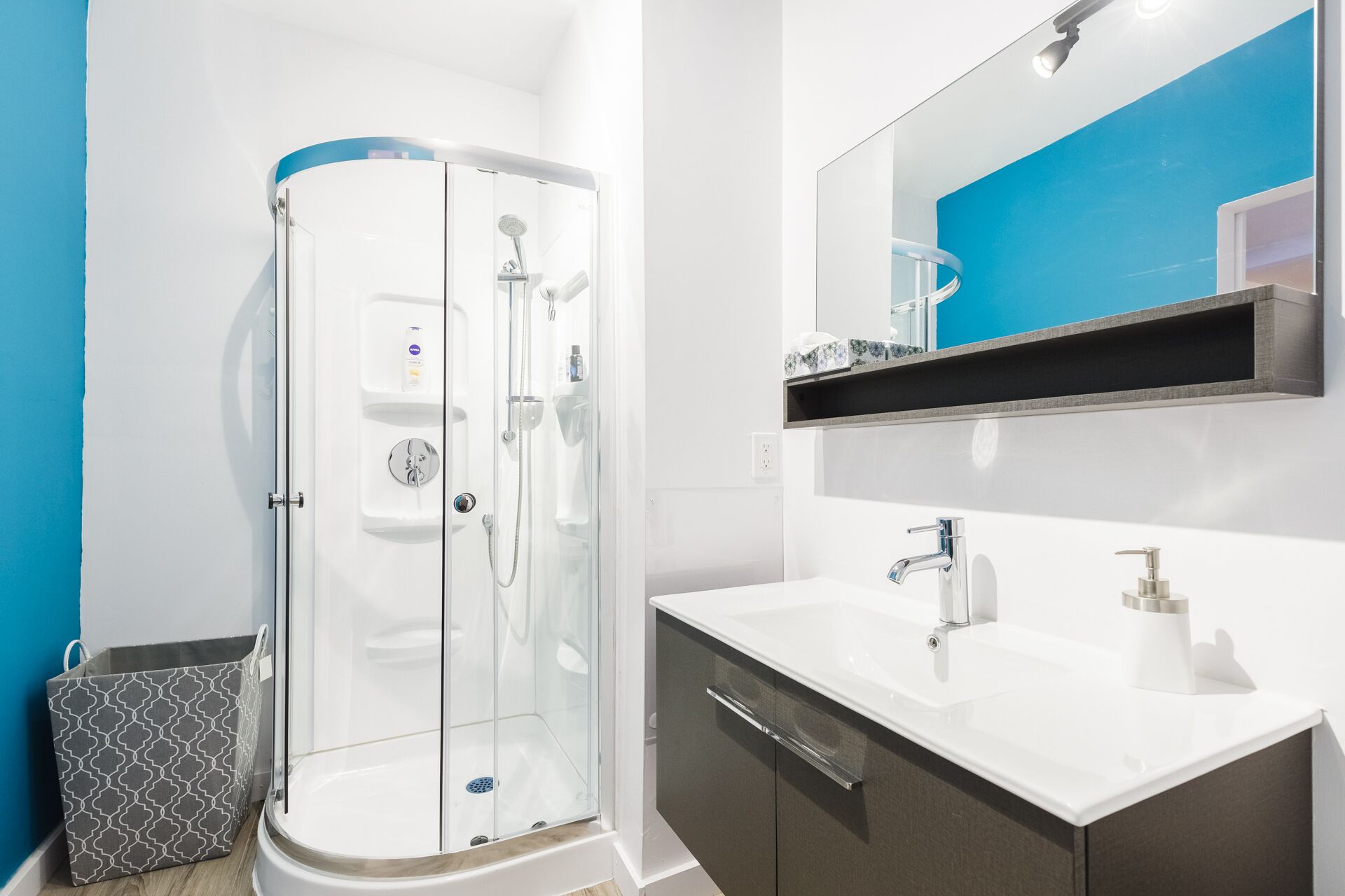 Hair dryer, towels, soap, shampoo