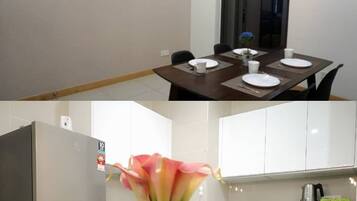 Fridge, microwave, dining tables