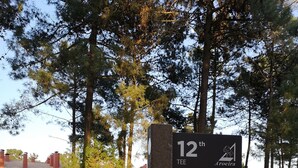 Placa indicando o buraco 12 de um campo de golfe, com par 3 e contagem de tacadas 14.