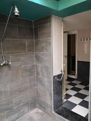 Bathtub, hair dryer, bidet, towels