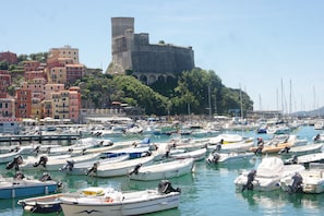 A marina with numerous boats docked, a historic building in the background, and colorful buildings along the waterfront.